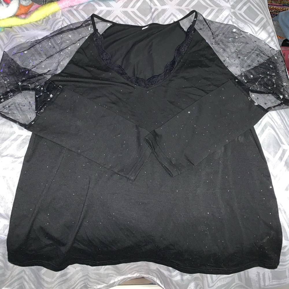Sparkly Mesh Sleeve Black Top